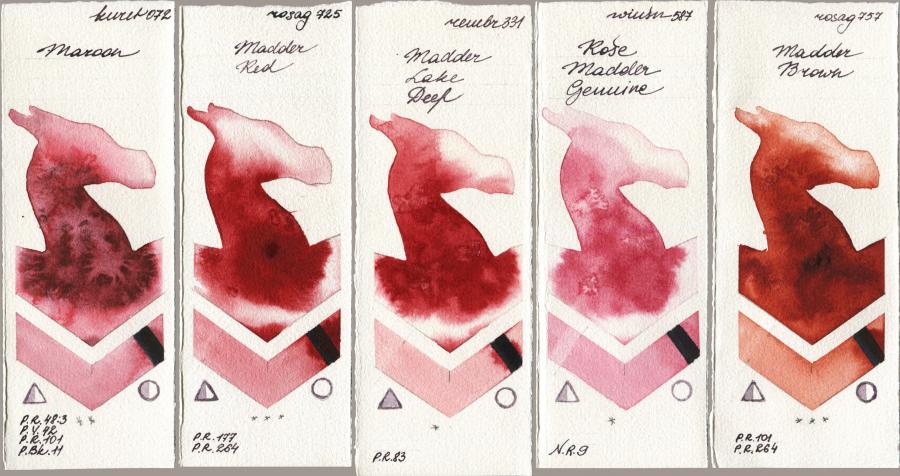 Kuretake Gansai Tambi 072 Maroon vs Rosa Gallery 725 Madder Red vs Royal Talens Rembrandt Watercolour 331 Madder Lake Deep vs Winsor & Newton Professional 587 Rose Madder Genuine vs 757 Madder Brown watercolor swatch