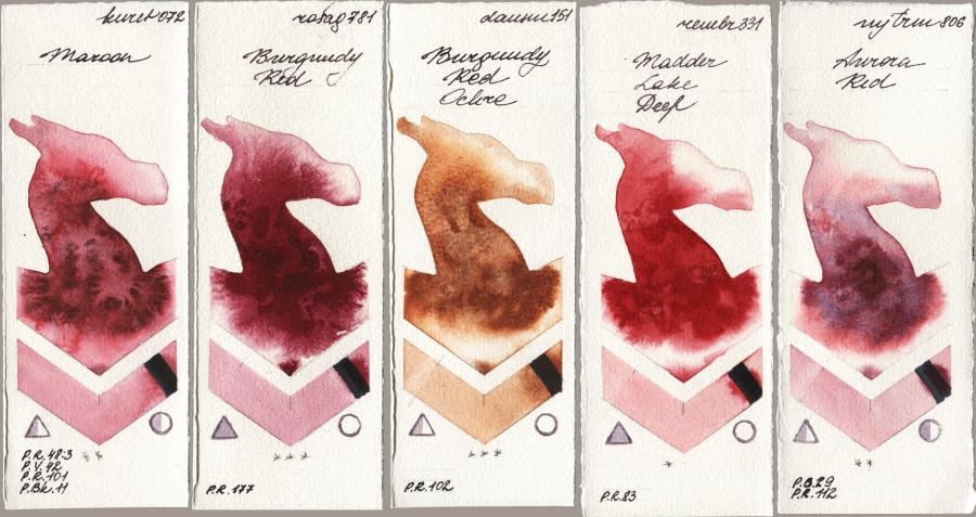 Kuretake Gansai Tambi 072 Maroon vs Rosa Gallery 781 Burgundy Red vs Daniel Smith 151 Burgundy Red Ochre vs Royal Talens Rembrandt Watercolour 331 Madder Lake Deep vs Mijello Mission Gold 806 Aurora Red watercolor swatch
