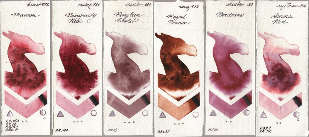 Kuretake Gansai Tambi 072 Maroon, Rosa Gallery 781 Burgundy Red, Daniel Smith 201 Perylene Violet, 753 Royal Brown, 008 Bordeaux, Mijello Mission Gold 806 Aurora R watercolor swatch