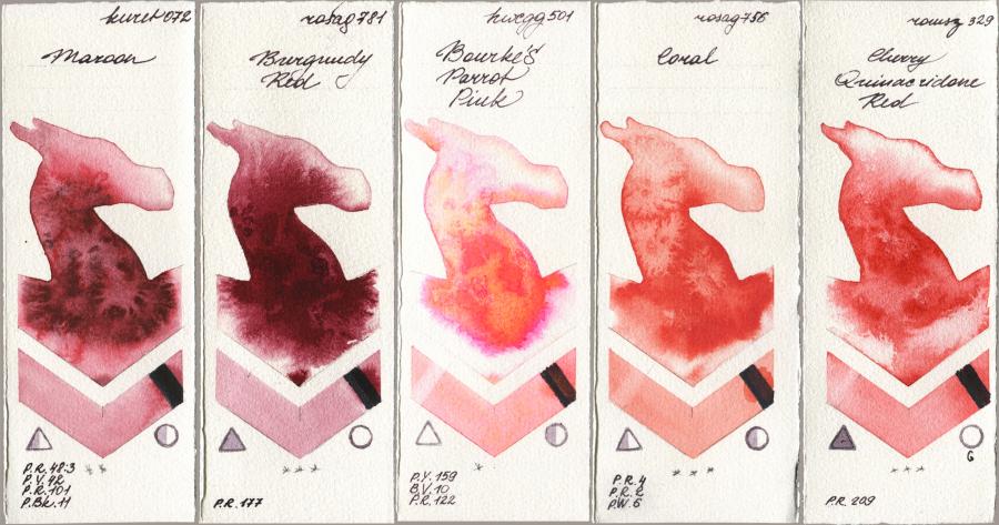 Kuretake Gansai Tambi 072 Maroon vs Rosa Gallery 781 Burgundy Red vs Holbein Artists Watercolor 501 Bourkes Parrot Pink vs 756 Coral vs Roman Szmal Aquarius 329 Cherry Quinacridone Red watercolor swatch