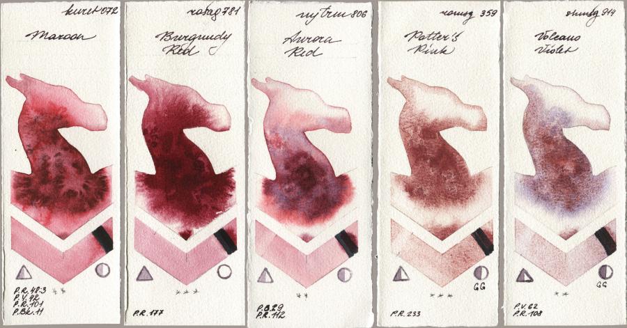 Kuretake Gansai Tambi 072 Maroon vs Rosa Gallery 781 Burgundy Red vs Mijello Mission Gold 806 Aurora Red vs Roman Szmal Aquarius 359 Potters Pink vs Shminke Horadam Aquarell 914 Volcano Violet watercolor swatch