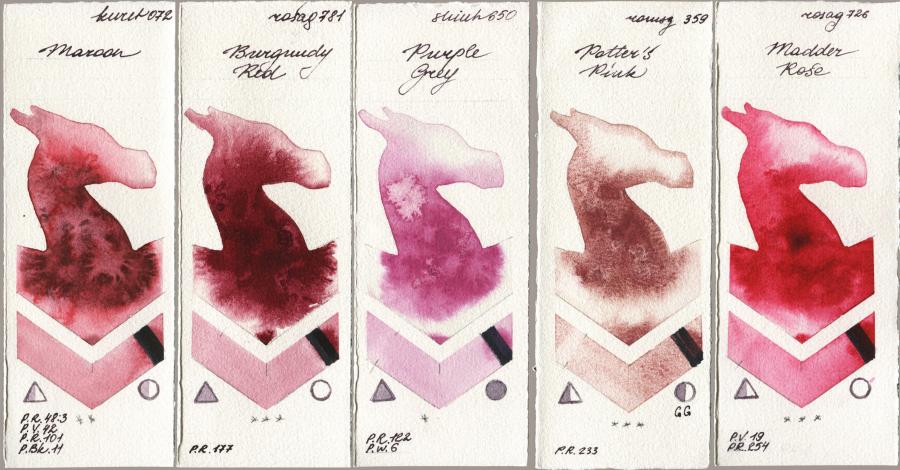 Kuretake Gansai Tambi 072 Maroon vs Rosa Gallery 781 Burgundy Red vs Shinhan PWC 650 Purple Grey vs Roman Szmal Aquarius 359 Potters Pink vs 726 Madder Rose watercolor swatch