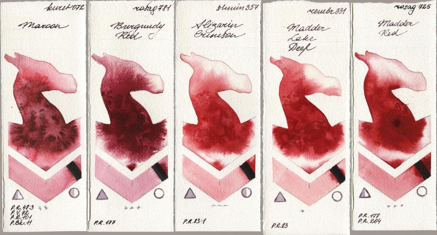 Kuretake Gansai Tambi 072 Maroon vs Rosa Gallery 781 Burgundy Red vs Shminke Horadam Aquarell 357 Alizarin Crimson vs Royal Talens Rembrandt Watercolour 331 Madder Lake Deep vs 725 Madder Red watercolor swatch