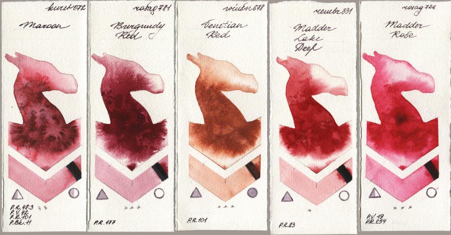 Kuretake Gansai Tambi 072 Maroon vs Rosa Gallery 781 Burgundy Red vs Winsor & Newton Professional 678 Venetian Red vs Royal Talens Rembrandt Watercolour 331 Madder Lake Deep vs 726 Madder Rose watercolor swatch