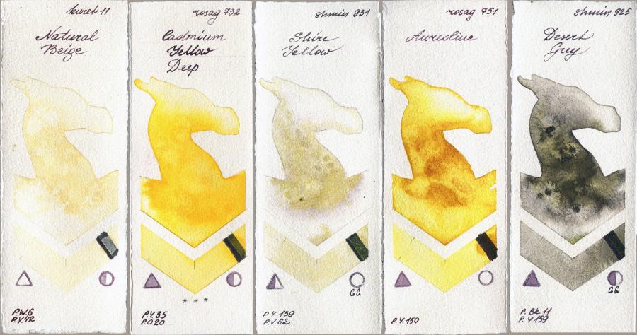 Kuretake Gansai Tambi 11 Natural Beige vs Rosa Gallery 732 Cadmium Yellow Deep vs Shminke Horadam Aquarell 931 Shire Yellow vs 751 Aureoline vs 925 Desert Grey watercolor swatch