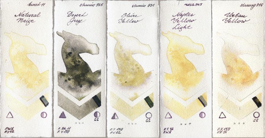Kuretake Gansai Tambi 11 Natural Beige vs Shminke Horadam Aquarell 925 Desert Grey vs 931 Shire Yellow vs Rosa Gallery 745 Naples Yellow Light vs 916 Urban Yellow watercolor swatch