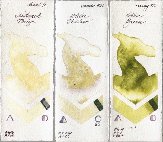Kuretake Gansai Tambi 11 Natural Beige vs Shminke Horadam Aquarell 931 Shire Yellow vs Rosa Gallery 713 Olive Green watercolor swatch
