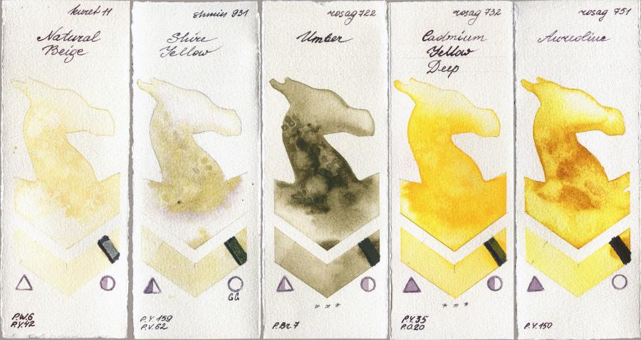 Kuretake Gansai Tambi 11 Natural Beige vs Shminke Horadam Aquarell 931 Shire Yellow vs Rosa Gallery 722 Umber vs 732 Cadmium Yellow Deep vs 751 Aureoline watercolor swatch