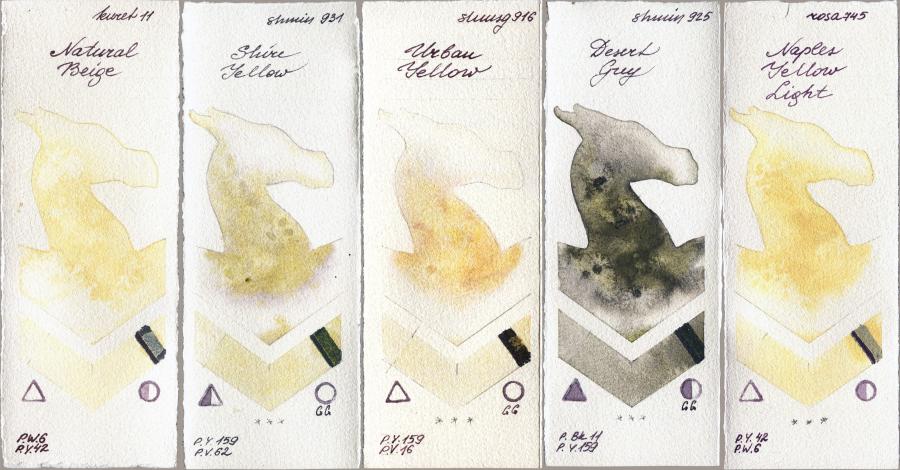 Kuretake Gansai Tambi 11 Natural Beige vs Shminke Horadam Aquarell 931 Shire Yellow vs 916 Urban Yellow vs 925 Desert Grey vs Rosa Gallery 745 Naples Yellow Light watercolor swatch