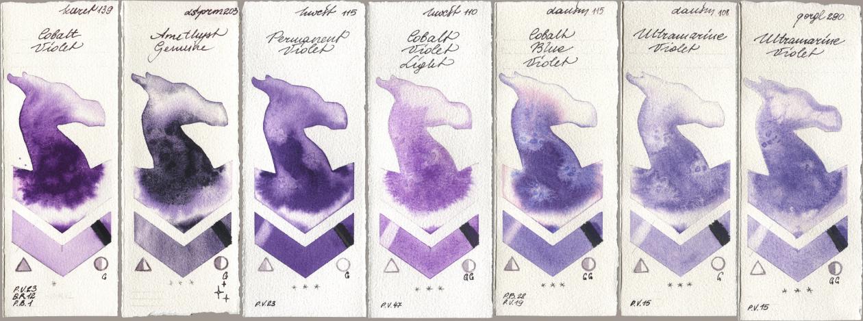 Kuretake Gansai Tambi 139 Cobalt Violet, Daniel Smith 203 Amethyst Genuine, Holbein Artists Watercolor 115 Permanent Violet, 110 Cobalt Violet Light, 115 Cobalt Blue Violet, 108 Ultramarine Violet, Golden QOR 290 Ultramarine Viol watercolor swatch
