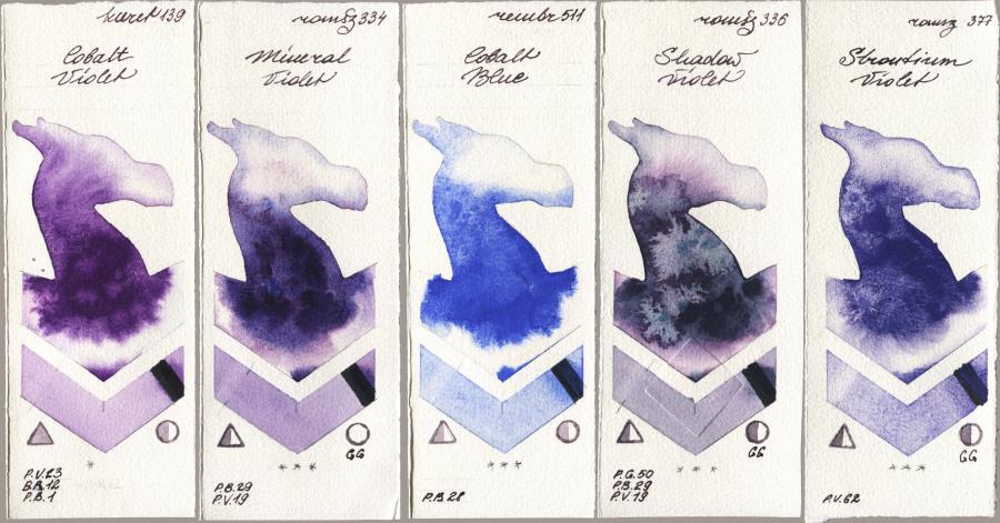Kuretake Gansai Tambi 139 Cobalt Violet vs Roman Szmal Aquarius 334 Mineral Violet vs Royal Talens Rembrandt Watercolour 511 Cobalt Blue vs 336 Shadow Violet vs 377 Strontium Violet watercolor swatch