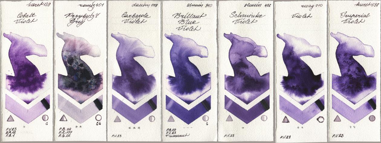 Kuretake Gansai Tambi 139 Cobalt Violet, Roman Szmal Aquarius 401 Przybyszs Grey, Daniel Smith 019 Carbazole Violet, Shminke Horadam Aquarell 910 Brilliant Blue Violet, 476 Schmincke Violet, Rosa Gallery 710 Violet, 038 Imperial Viol watercolor swatch