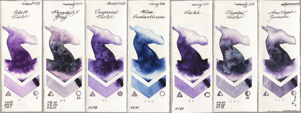 Kuretake Gansai Tambi 139 Cobalt Violet, Roman Szmal Aquarius 401 Przybyszs Grey, 038 Imperial Violet, Rosa Gallery 738 Blue Indanthrene, 710 Violet, 336 Shadow Violet, Daniel Smith 203 Amethyst Genui watercolor swatch