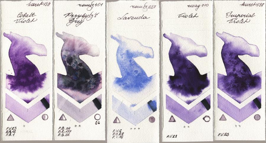 Kuretake Gansai Tambi 139 Cobalt Violet vs Roman Szmal Aquarius 401 Przybyszs Grey vs 227 Lavenda vs Rosa Gallery 710 Violet vs 038 Imperial Violet watercolor swatch
