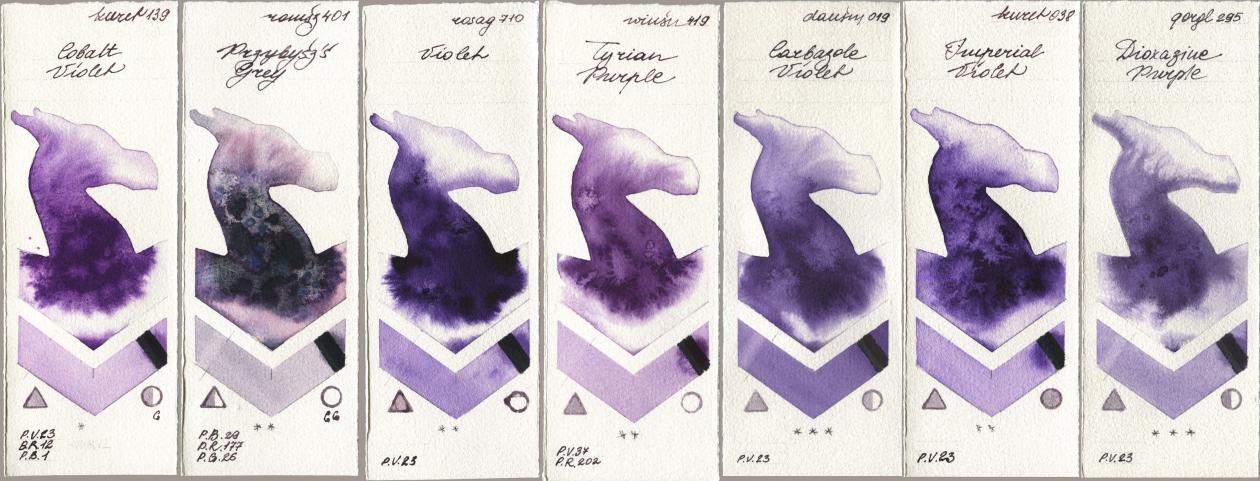 Kuretake Gansai Tambi 139 Cobalt Violet, Roman Szmal Aquarius 401 Przybyszs Grey, Rosa Gallery 710 Violet, Winsor & Newton Professional 419 Tyrian Purple, Daniel Smith 019 Carbazole Violet, 038 Imperial Violet, Golden QOR 295 Dioxazine Purp watercolor swatch