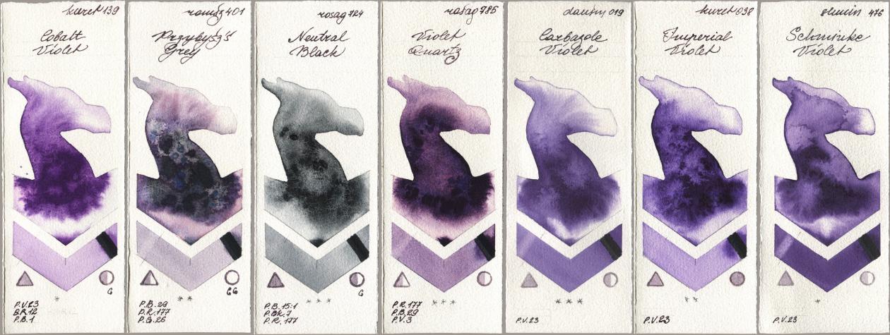 Kuretake Gansai Tambi 139 Cobalt Violet, Roman Szmal Aquarius 401 Przybyszs Grey, Rosa Gallery 724 Neutral Black, 785 Violet Quartz, Daniel Smith 019 Carbazole Violet, 038 Imperial Violet, Shminke Horadam Aquarell 476 Schmincke Viol watercolor swatch