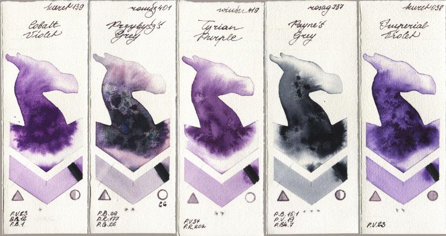 Kuretake Gansai Tambi 139 Cobalt Violet vs Roman Szmal Aquarius 401 Przybyszs Grey vs Winsor & Newton Professional 419 Tyrian Purple vs Rosa Gallery 737 Paynes Grey vs 038 Imperial Violet watercolor swatch