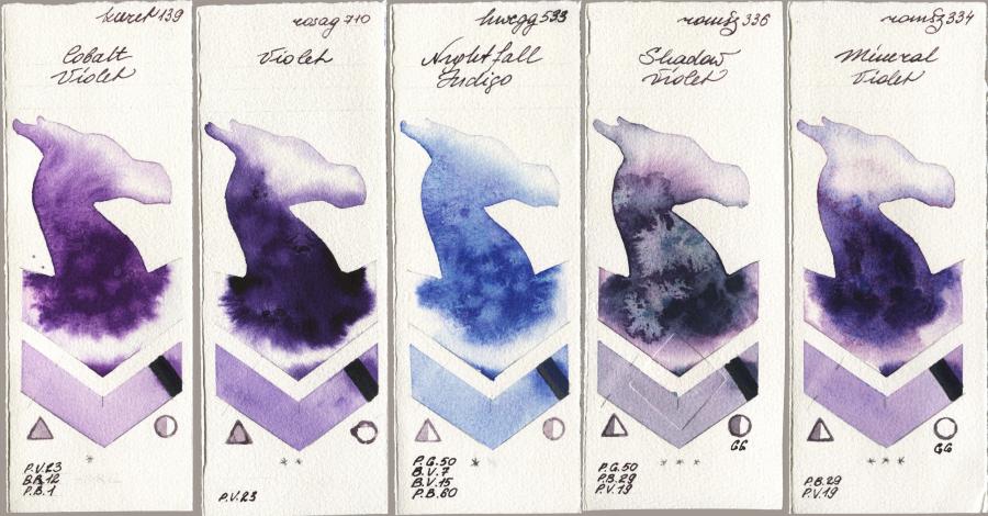 Kuretake Gansai Tambi 139 Cobalt Violet vs Rosa Gallery 710 Violet vs Holbein Artists Watercolor 533 Nightfall Indigo vs Roman Szmal Aquarius 336 Shadow Violet vs 334 Mineral Violet watercolor swatch