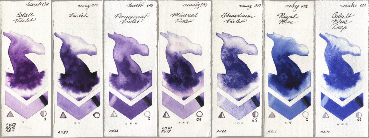 Kuretake Gansai Tambi 139 Cobalt Violet, Rosa Gallery 710 Violet, Holbein Artists Watercolor 115 Permanent Violet, Roman Szmal Aquarius 334 Mineral Violet, 377 Strontium Violet, 782 Royal Blue, Winsor & Newton Professional 180 Cobalt Blue De watercolor swatch