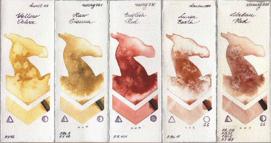 Kuretake Gansai Tambi 44 Yellow Ochre vs Rosa Gallery 721 Raw Sienna vs 736 English Red vs Daniel Smith 050 Lunar Earth vs Shminke Horadam Aquarell 926 Urban Red watercolor swatch