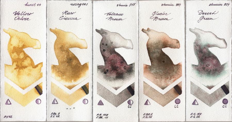 Kuretake Gansai Tambi 44 Yellow Ochre vs Rosa Gallery 721 Raw Sienna vs Shminke Horadam Aquarell 915 Volcano Brown vs 964 Glacier Brown vs 924 Desert Green watercolor swatch