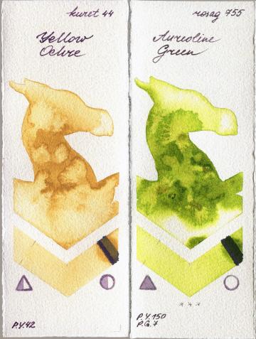 Kuretake Gansai Tambi 44 Yellow Ochre vs Rosa Gallery 755 Aureoline Green watercolor swatch