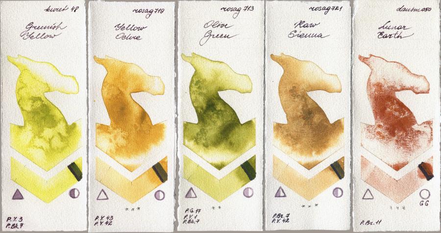 Kuretake Gansai Tambi 48 Greenish Yellow vs Rosa Gallery 719 Yellow Ochre vs 713 Olive Green vs 721 Raw Sienna vs Daniel Smith 050 Lunar Earth watercolor swatch