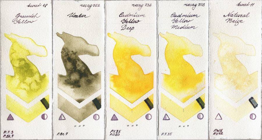 Kuretake Gansai Tambi 48 Greenish Yellow vs Rosa Gallery 722 Umber vs 732 Cadmium Yellow Deep vs 703 Cadmium Yellow Medium vs 11 Natural Beige watercolor swatch