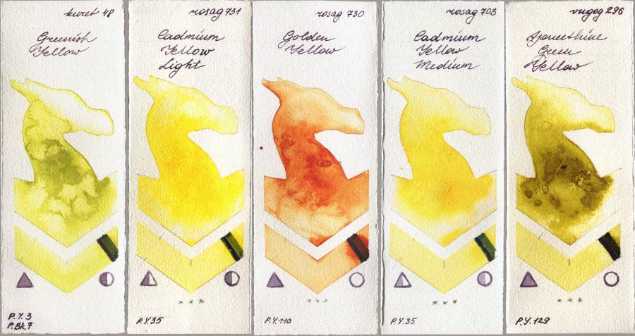 Kuretake Gansai Tambi 48 Greenish Yellow vs Rosa Gallery 731 Cadmium Yellow Light vs 730 Golden Yellow vs 703 Cadmium Yellow Medium vs Royal Talens Van Gogh Watercolour 296 Azomethine Green Yellow watercolor swatch