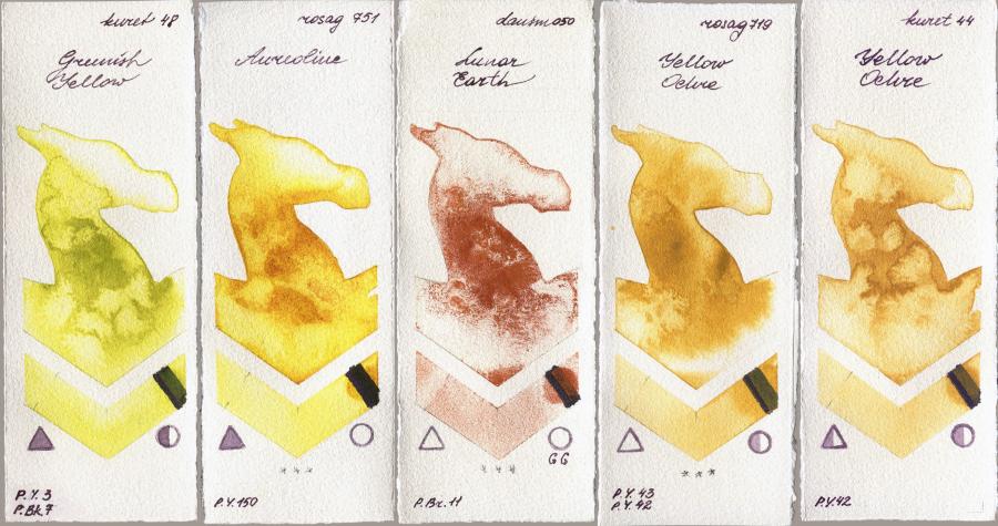 Kuretake Gansai Tambi 48 Greenish Yellow vs Rosa Gallery 751 Aureoline vs Daniel Smith 050 Lunar Earth vs 719 Yellow Ochre vs 44 Yellow Ochre watercolor swatch