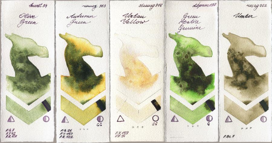 Kuretake Gansai Tambi 54 Olive Green vs Roman Szmal Aquarius 363 Autumn Green vs Shminke Horadam Aquarell 916 Urban Yellow vs Daniel Smith 197 Green Apatite Genuine vs Rosa Gallery 722 Umber watercolor swatch