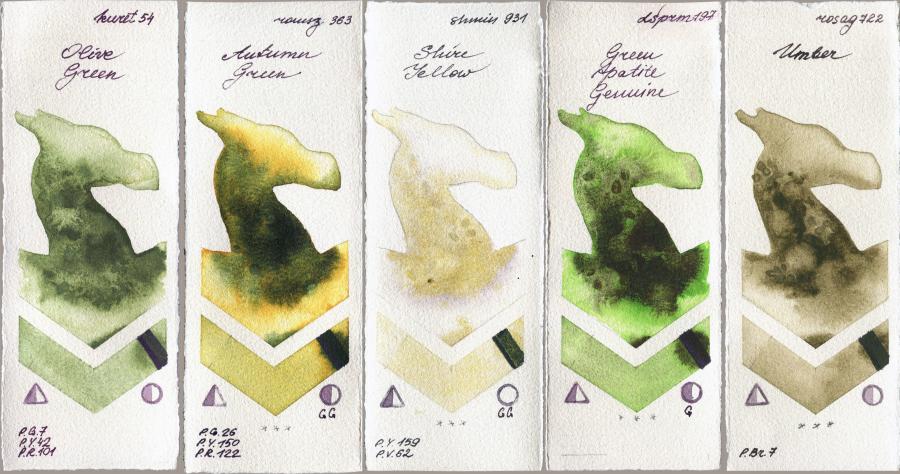 Kuretake Gansai Tambi 54 Olive Green vs Roman Szmal Aquarius 363 Autumn Green vs Shminke Horadam Aquarell 931 Shire Yellow vs Daniel Smith 197 Green Apatite Genuine vs Rosa Gallery 722 Umber watercolor swatch