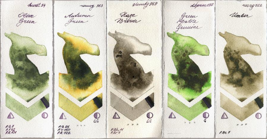 Kuretake Gansai Tambi 54 Olive Green vs Roman Szmal Aquarius 363 Autumn Green vs Shminke Horadam Aquarell 969 Haze Brown vs Daniel Smith 197 Green Apatite Genuine vs Rosa Gallery 722 Umber watercolor swatch