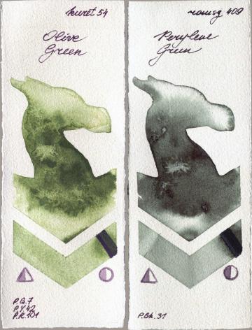 Kuretake Gansai Tambi 54 Olive Green vs Roman Szmal Aquarius 409 Perylene Green watercolor swatch