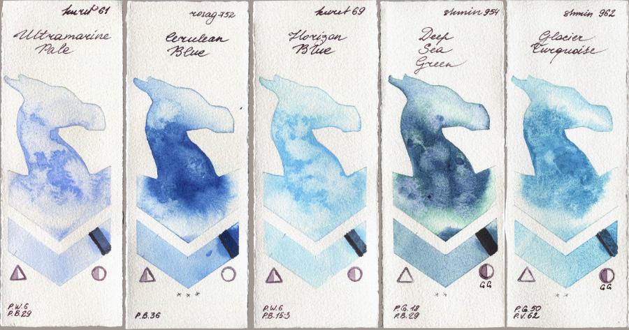 Kuretake Gansai Tambi 61 Ultramatire Pale vs Rosa Gallery 752 Cerulean Blue vs 69 Horizon Blue vs Shminke Horadam Aquarell 954 Deep Sea Green vs 962 Glacier Turquoise watercolor swatch
