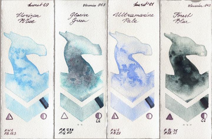 Kuretake Gansai Tambi 69 Horizon Blue vs Shminke Horadam Aquarell 963 Glacier Green vs 61 Ultramatire Pale vs 943 Forest Blue watercolor swatch