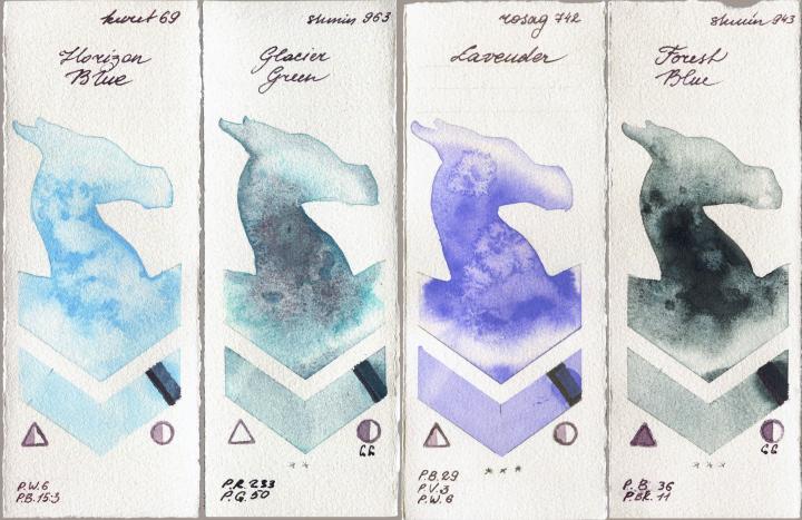 Kuretake Gansai Tambi 69 Horizon Blue vs Shminke Horadam Aquarell 963 Glacier Green vs Rosa Gallery 742 Lavender vs 943 Forest Blue watercolor swatch