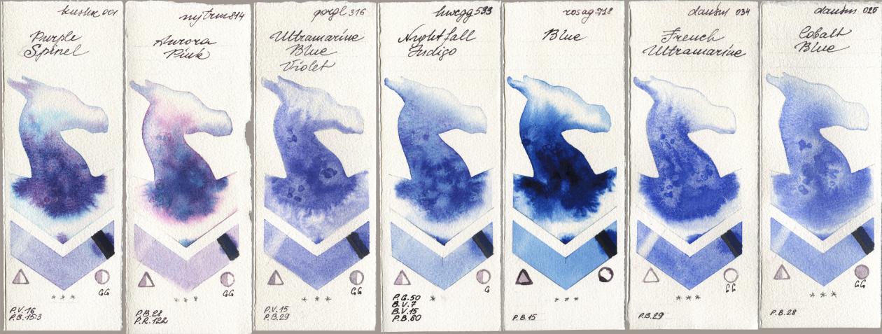 Kusakabe 001 Purple Spinel, Mijello Mission Gold 814 Aurora Pink, Golden QOR 316 Ultramarine Blue Violet, Holbein Artists Watercolor 533 Nightfall Indigo, Rosa Gallery 718 Blue, Daniel Smith 034 French Ultramarine, 025 Cobalt Bl watercolor swatch