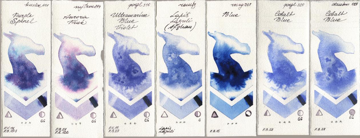 Kusakabe 001 Purple Spinel, Mijello Mission Gold 814 Aurora Pink, Golden QOR 316 Ultramarine Blue Violet, Roman Szmal Aquarius 999 Lapis Lazuli Afghan, Rosa Gallery 718 Blue, 320 Cobalt Blue, Daniel Smith 025 Cobalt Bl watercolor swatch