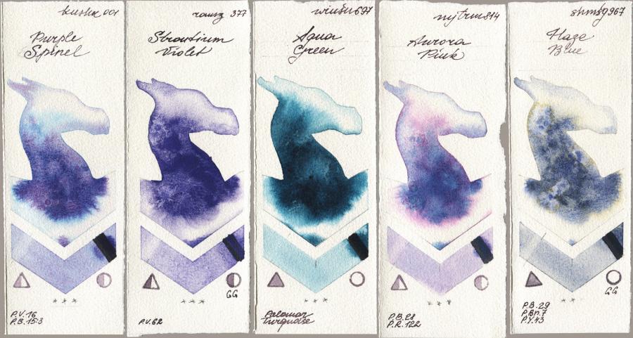 Kusakabe 001 Purple Spinel vs Roman Szmal Aquarius 377 Strontium Violet vs Winsor & Newton Professional 697 Aqua Green vs Mijello Mission Gold 814 Aurora Pink vs Shminke Horadam Aquarell 967 Haze Blue watercolor swatch