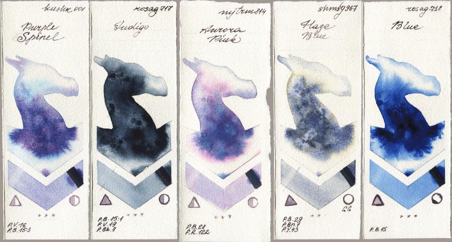 Kusakabe 001 Purple Spinel vs Rosa Gallery 717 Indigo vs Mijello Mission Gold 814 Aurora Pink vs Shminke Horadam Aquarell 967 Haze Blue vs 718 Blue watercolor swatch