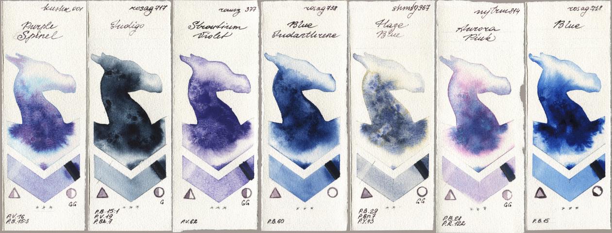 Kusakabe 001 Purple Spinel, Rosa Gallery 717 Indigo, Roman Szmal Aquarius 377 Strontium Violet, 738 Blue Indanthrene, Shminke Horadam Aquarell 967 Haze Blue, Mijello Mission Gold 814 Aurora Pink, 718 Bl watercolor swatch