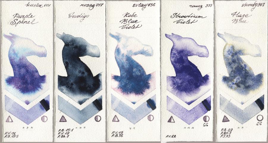 Kusakabe 001 Purple Spinel vs Rosa Gallery 717 Indigo vs SuperVision 736 Rose Blue Violet vs Roman Szmal Aquarius 377 Strontium Violet vs Shminke Horadam Aquarell 967 Haze Blue watercolor swatch