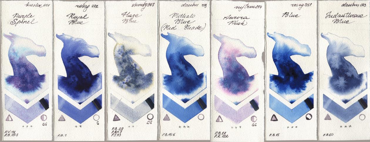 Kusakabe 001 Purple Spinel, Rosa Gallery 782 Royal Blue, Shminke Horadam Aquarell 967 Haze Blue, Daniel Smith 119 Phthalo Blue (Red Shade), Mijello Mission Gold 814 Aurora Pink, 718 Blue, 043 Indanthrone Bl watercolor swatch