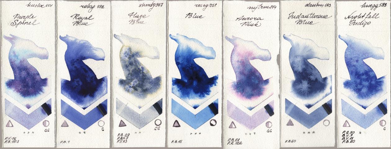 Kusakabe 001 Purple Spinel, Rosa Gallery 782 Royal Blue, Shminke Horadam Aquarell 967 Haze Blue, 718 Blue, Mijello Mission Gold 814 Aurora Pink, Daniel Smith 043 Indanthrone Blue, Holbein Artists Watercolor 533 Nightfall Indi watercolor swatch