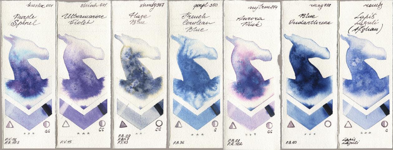 Kusakabe 001 Purple Spinel, Shinhan PWC 641 Ultramarine Violet, Shminke Horadam Aquarell 967 Haze Blue, Golden QOR 350 French Cerulean Blue, Mijello Mission Gold 814 Aurora Pink, Rosa Gallery 738 Blue Indanthrene, Roman Szmal Aquarius 999 Lapis Lazuli Afgh watercolor swatch