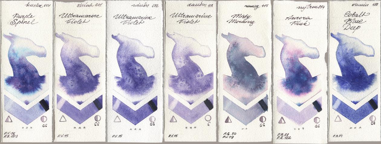 Kusakabe 001 Purple Spinel, Shinhan PWC 641 Ultramarine Violet, Winsor & Newton Professional 672 Ultramarine Violet, Daniel Smith 108 Ultramarine Violet, Roman Szmal Aquarius 415 Misty Morning, Mijello Mission Gold 814 Aurora Pink, Shminke Horadam Aquarell 488 Cobalt Blue De watercolor swatch