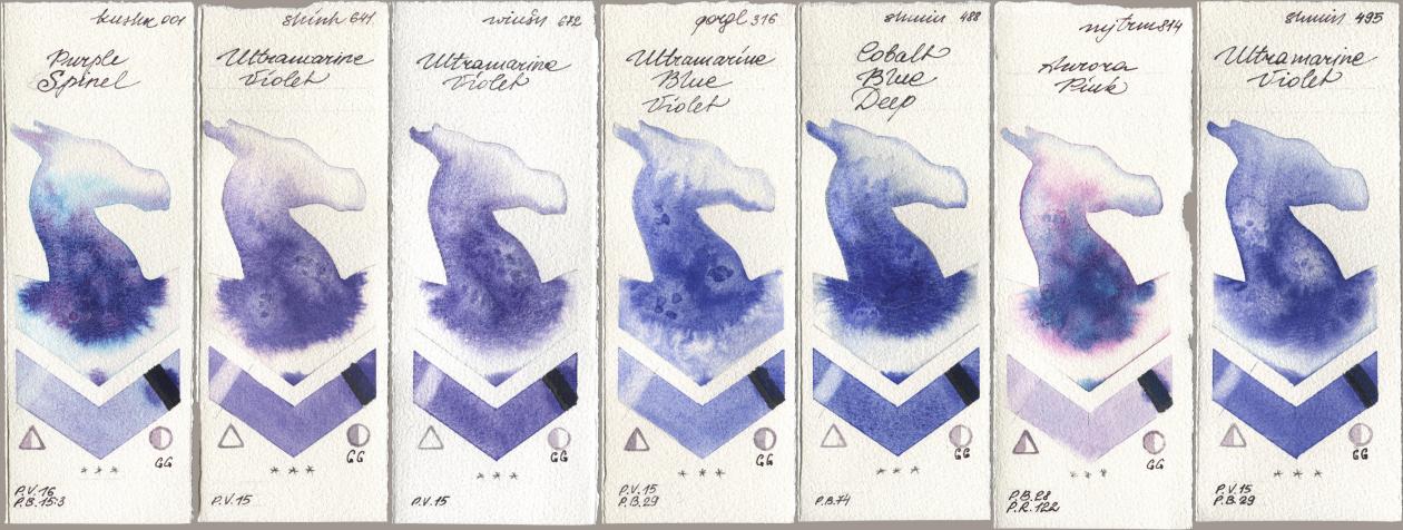 Kusakabe 001 Purple Spinel, Shinhan PWC 641 Ultramarine Violet, Winsor & Newton Professional 672 Ultramarine Violet, Golden QOR 316 Ultramarine Blue Violet, Shminke Horadam Aquarell 488 Cobalt Blue Deep, Mijello Mission Gold 814 Aurora Pink, 495 Ultramarine Viol watercolor swatch