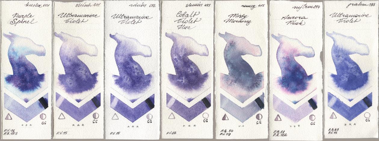 Kusakabe 001 Purple Spinel, Shinhan PWC 641 Ultramarine Violet, Winsor & Newton Professional 672 Ultramarine Violet, Shminke Horadam Aquarell 473 Cobalt Violet Hue, Roman Szmal Aquarius 415 Misty Morning, Mijello Mission Gold 814 Aurora Pink, M. Graham & Co. Artists 193 Ultramarine Viol watercolor swatch