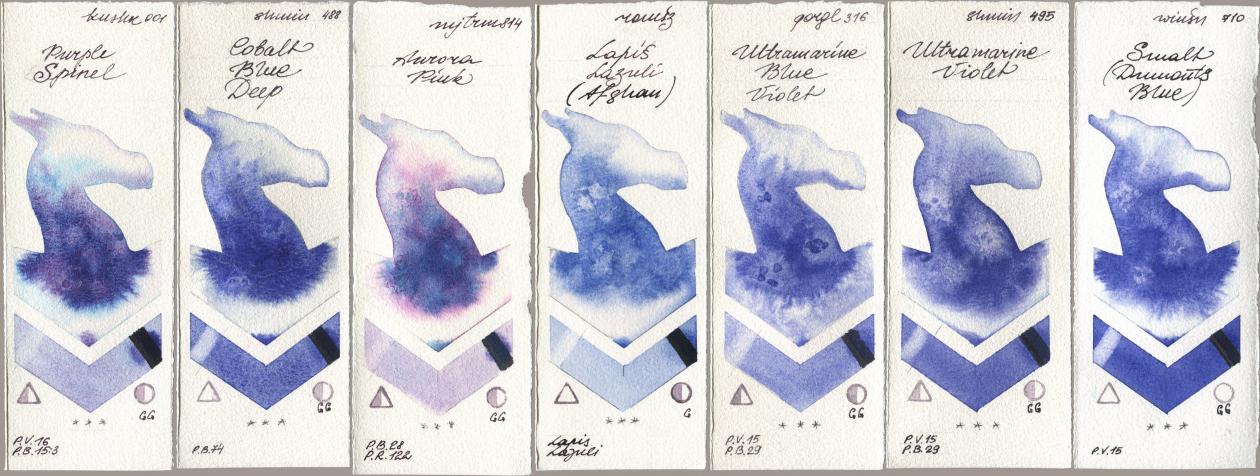 Kusakabe 001 Purple Spinel, Shminke Horadam Aquarell 488 Cobalt Blue Deep, Mijello Mission Gold 814 Aurora Pink, Roman Szmal Aquarius 999 Lapis Lazuli Afghan, Golden QOR 316 Ultramarine Blue Violet, 495 Ultramarine Violet, Winsor & Newton Professional 710 Smalt (Dumonts Blu watercolor swatch